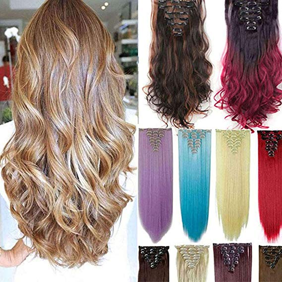 3-5 Days Delivery 8Pcs 18 Clips 17-26 Inch Curly Straight Full Head Clip in on Hair Extensions Hairpiece 27colors