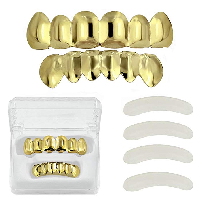 TOPGRILLZ 18K Gold Plated Hip Hop Custom Fit Top and Bottom Teeth Grillz Caps with 4 Silicon Molding Bars (2 Extra)