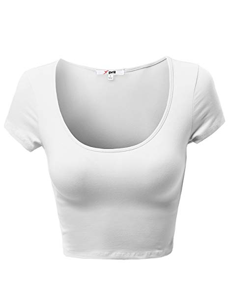 Awesome21 Women's Basic Solid Scoop Neck Slim Fit Short Sleeve Crop Tops