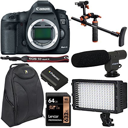 Canon 5D Mark III 22.3MP Full Frame CMOS 1080p HD Video Mode Digital SLR Camera Body, Polaroid Chest Stabilizer, Lexar 64GB SDXC, LED Lighting, Condenser Microphone, Polaroid Battery & Accessory Kit