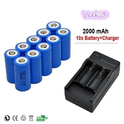 Veeki® 10x 2000mah 3.7v Cr123a 16340 Li-ion Rechargeable Battery  Charger,- Perfect Power For Flashlight, Photo Camera