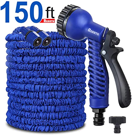Rearth Magic Stretch Flexible Expandable 3 x Expanding Garden Hose Pipe Natural Triple Layer Light Weight Non Kink with 3/4" Solid Fittings & 7 Setting Professional Water Spray Nozzle (150FT)