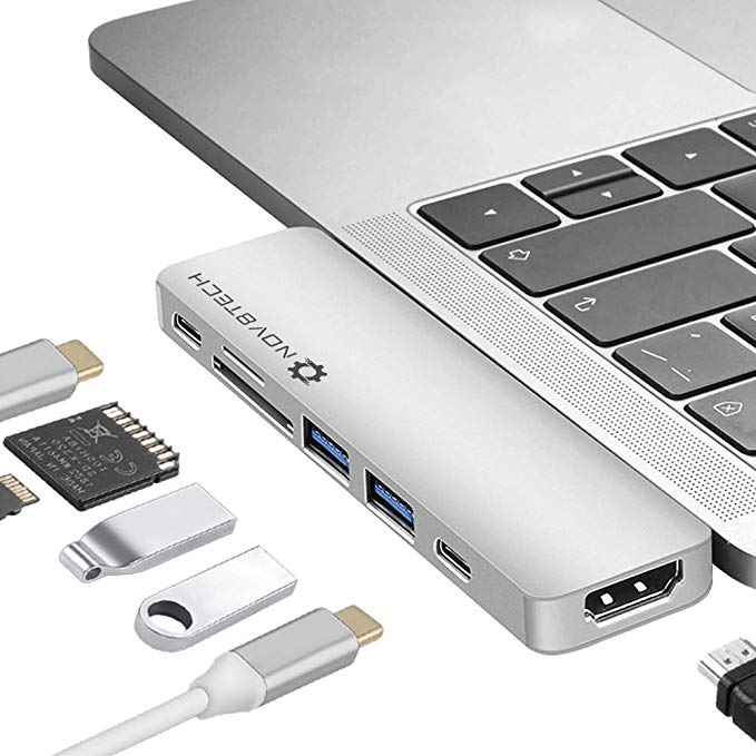 NOV8Tech 7-in-2 Aluminum USB-C Hub for MacBook Pro 2019-16 and MacBook Air 2019-18, 4K HDMI, 2xUSB 3.0, USB 3.1 C 5GBps, Thunderbolt 3 100W PD Charger and 40GBps Data, SD/Micro SD Card Reader 7-in-1