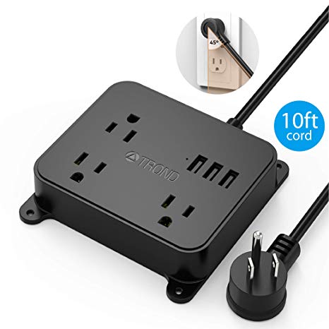 Power Strip with Long Cord 10ft, TROND Wall Mountable Outlet Extender with 3 USB Ports, 3 Widely Spaced Flat Plug Outlets, Desktop Charging Station for Dorm Room Nightstand Office, Black