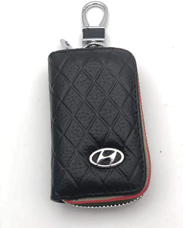 Hyundai Premium Leather Car Key Chain Coin Holder Zipper Case Remote Wallet Bag suitable for all Hyundai models (black)
