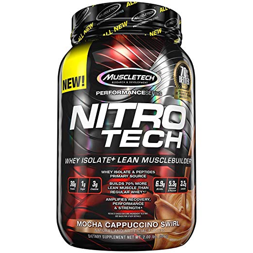 MuscleTech NitroTech Protein Powder Plus Muscle Builder, 100% Whey Protein with Whey Isolate, Mocha Cappuccino Swirl, 20 Servings (2lbs)
