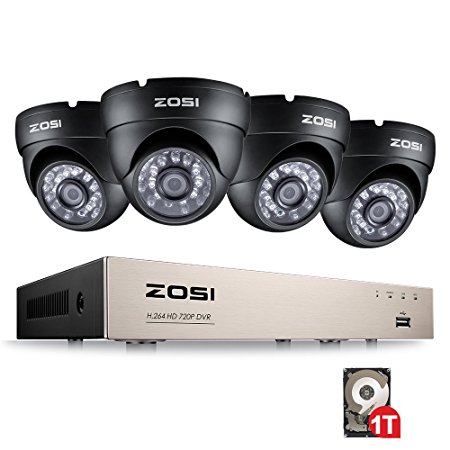 ZOSI 720P Security CCTV Camera System, 8CH AHD DVR with 4X 720P HD Outdoor Security Dome Camera, Home CCTV System 1TB Hard Drive