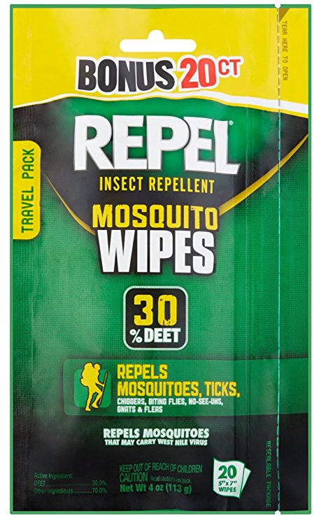 Repel 94100 Sportsmen 30-Percent Deet Mosquito Repellent Wipes, 20 Count