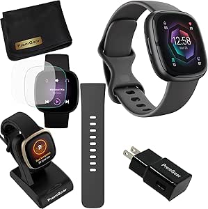 Fitbit Sense 2 Advanced Health and Fitness Smart Watch (Grey/Graphite) with Manage Stress, ECG, SpO2, GPS, 2 Sizes Bands, Bundle with Charger Dock, Wall Adapter, 2 Screen Protectors & PremGear Cloth