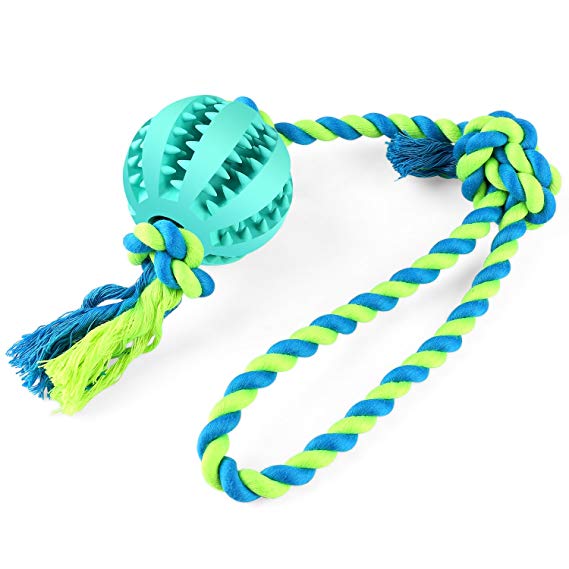 BAODATUI Dog Chew Toy Cotton Rope Ball for Tug of War with Your Small Medium - Solid Rubber Ball on Rope for Reward, Fetch, Play - Natural Rubber - Effective Tooth Cleaning