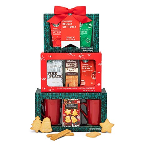 Starbucks Holiday Tower Gift Set | Contains 2 Ceramic Mugs (9 oz), Pike Place Coffee & Holiday Blend Coffee, Peppermint Cocoa, Cookie Brittle and More