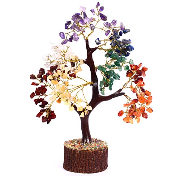 Crocon Natural Healing Gemstone Crystal Bonsai Fortune Money Tree for Good Luck, Wealth & Prosperity Spiritual Gift Size 10-12 Inch (Seven Chakra (Golden Wire))