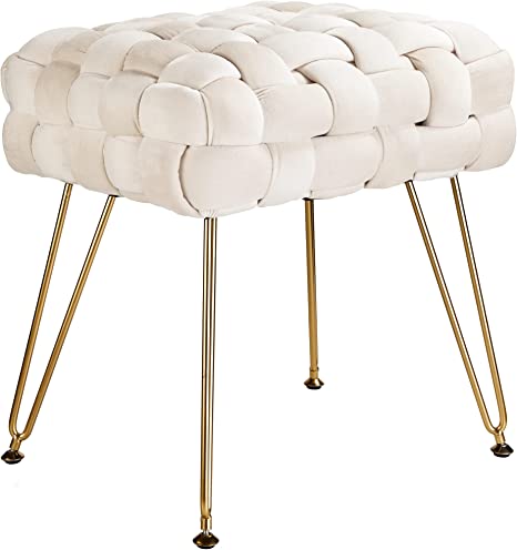 Cuyoca Ottoman Velvet Upholstered Foot Rest Vanity Stool with Metal Legs, Modern Contemporary Accent Stools, Makeup Footstool, Cream