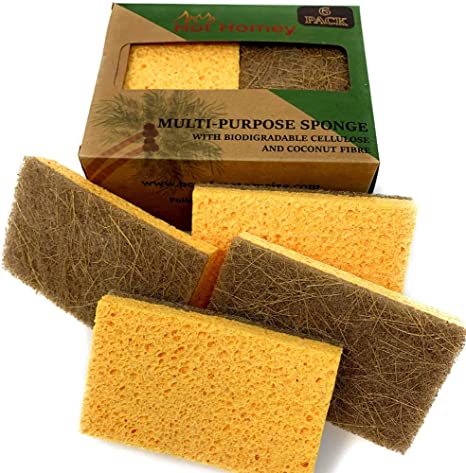Hot Homey Plant Based Scrub Sponge, Non-Scratch Coconut Fiber & Biodegradable Compostable Cellulose scrubbing sponges for Dishes and Bathroom, No Smell Kitchen Scrubber (6 Pack)