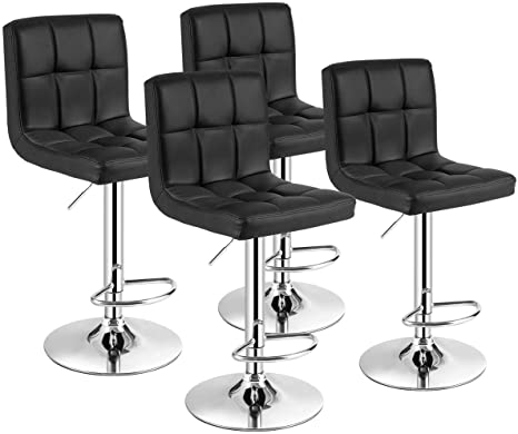 COSTWAY Bar Stool, Comfortable Swivel Adjustable PU Leather Bar Chair with Backrest, Soft Cushioned Seat, Footrest, Sturdy Metal Frame, Barstools for Kitchen, Pub(Black, Set of 4)