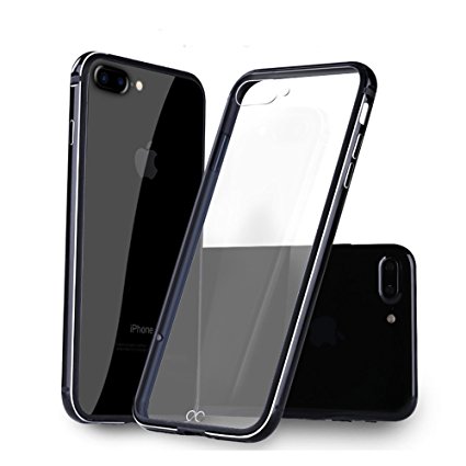 iPhone 8 Plus Case, Compatible with iPhone 7 Plus KEWEK Aluminum Metal Bumper Frame with Shock Absorbing Flexible TPU Inner Dual Layer (the Clear Back Panel Unremovable), Black