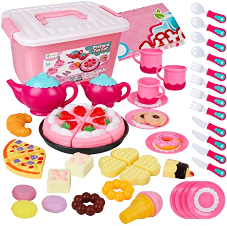 D-FantiX Tea Party Set for Little Girls, 52Pcs Kids Pretend Play Princess Tea Set for Toddlers Play Food Toy Tea Playset Accessories, Contains Plastic Teapots Teacups Cookies Cakes Donuts
