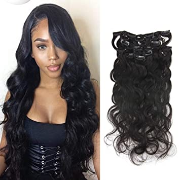 Full Shine 12 Inch Body Wave Hair Extensions Clip In Human Hair Natural Black Clip In Hair Extensions for Afro Women 7 Pcs 100 Gram Full Head Clip Ins Wavy Hair Extensions Double Wefted
