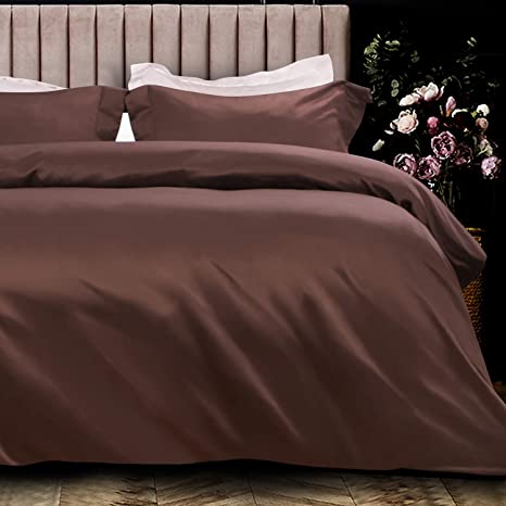 NTBAY 3 Pieces Satin Duvet Cover Set, Ultra Luxury and Soft with Hidden Zipper Design Comforter Cover Set, Queen Size, Chocolate