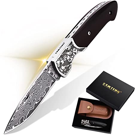 SMTENG Handmade VG10 Damascus Steel Folding Pocket Knife black ebony log Handle With Gift Box