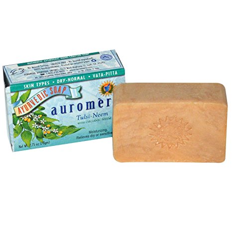 Tulsi Bar Soap with Organic Neem - Handmade Herbal Soap (Aromatherapy) with 100% Pure Essential Oils - ALL Natural - Each 2.75 Ounces - Pack of 6 (16 Ounces)- Auromere
