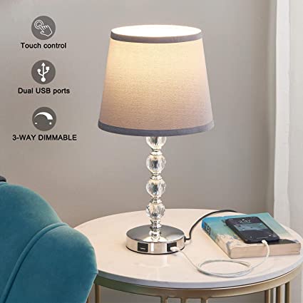 USB Touch Bedside Lamp, Kakanuo 3-Way Dimmable Nightstand Decorative Lamp with Dual Fast USB Charging Ports, K9 Crystal Table Lamp Set for Bedroom, Living Room, Study Room, Office (Bulb Included)