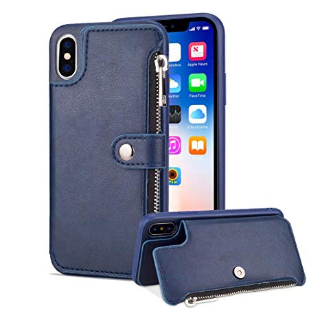 Aearl iPhone X XS Zipper Wallet Case,Apple iPhone X/iPhone XS Leather Case with Card Holder,Flip Folio Credit Card Slot Money Pocket Magnetic Detachable Buckle Wallet Phone Case for Women Men-Blue