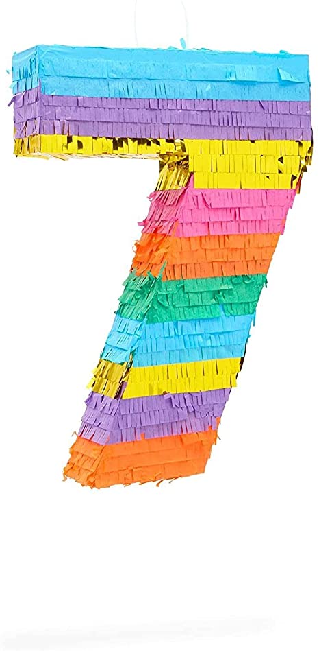 Small Rainbow Pinata for Kid’s 7th Birthday Party, Number 7 (11.8 x 6.5 x 3 In)