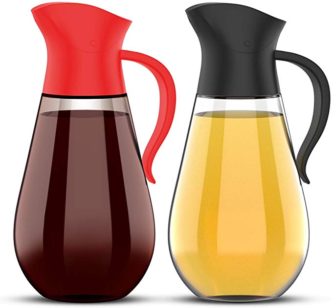 Brieftons Oil & Vinegar Dispensers: 2 x 18.6 Oz Leakproof Glass Dispenser Bottles, Dual Condiment Dispensing Cruet Containers, with Automatic Stopper, Drip-Free & Spill-Free Spout, Non-Slip Handle