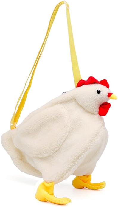 Acxico 1Pcs Women Faux Fur Tote Shoulder Bag Cartoon Chicken Plush Handbag Crossbody Pack, White