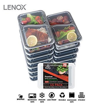 Food Storage Container 15-PACK Meal Prep Container Leak proof Lunch Containers Meal Prep Container Bento Box Container Airtight Lid Dishwasher Microwave SAFE Plastic Food Container 2 Compartments 30oz