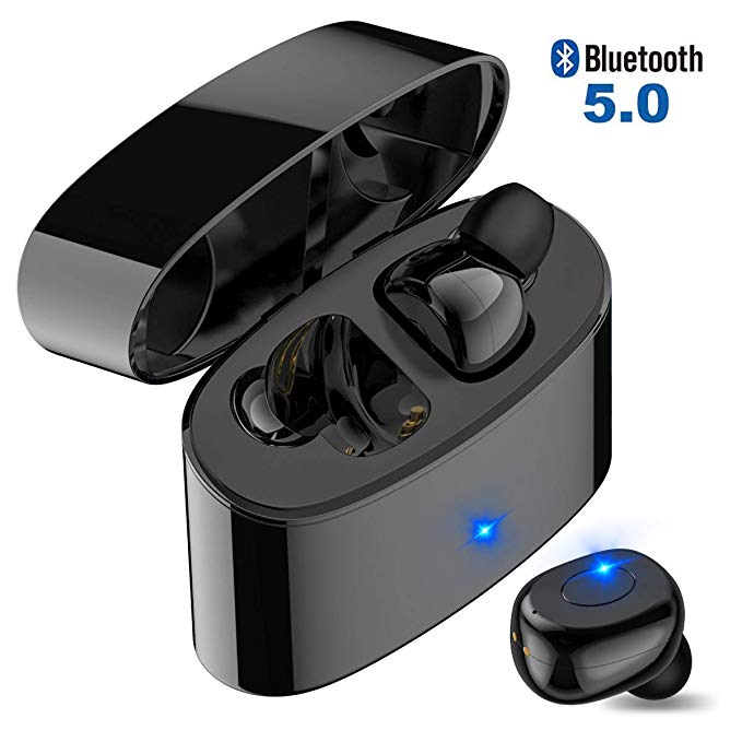 True Wireless Bluetooth Earbuds, Kissral T6 5.0 TWS Headphones HD Stereo Sound 24H Playback Time Built-in Dual Microphone with Portable Charging Case-Black