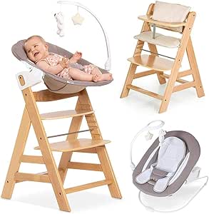 hauck Set Alpha Plus Newborn, Trona Evolutiva Bebe con Hamaca, Cojín y Arnés, Hamaca Alta Bebe Reclinable, Tronas de Bebe, Silla Bebe Madera, Trona Madera Bebe Natural/Beige