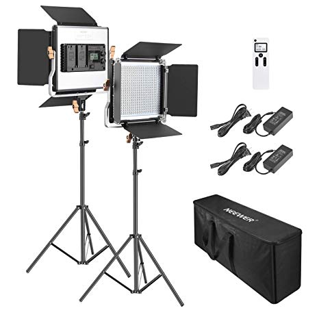 Neewer 2 Packs Advanced 2.4G 480 LED Video Light Photography Lighting Kit with Bag, Dimmable Bi-Color LED Panel with 2.4G Wireless Remote, LCD Screen and Light Stand for Portrait Product Photography