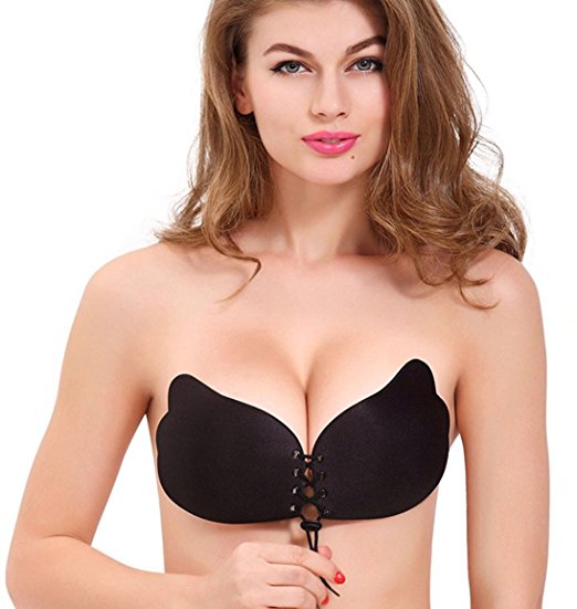 Suremate Adhesive Push Up Bra With Drawstring, Invisible Strapless Bra Black & Nude For Women