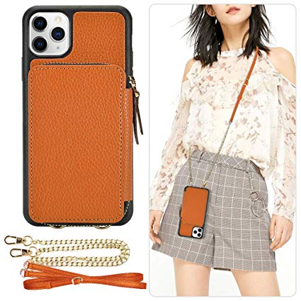 iPhone 11 Pro Max Wallet Case, ZVE iPhone 11 Pro Max Case with Credit Card Holder Slot Zipper Wallet Crossbody Chain Strap Protective Leather Cover Bumper for Apple iPhone 11 Pro Max 6.5 inch - Brown