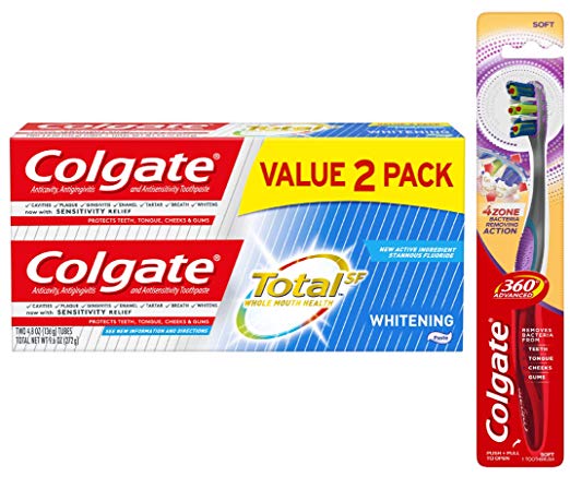 Colgate Total Whitening Toothpaste Twin Pack and Advanced 4-Zone Toothbrush, Soft