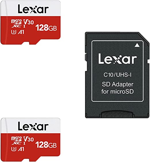 Lexar E-Series 128GB Micro SD Card[2 Pack], MicroSDXC Flash Memory Card with Adapter Up to 100MB/s, U3, V30, A1, C10, UHS-I, 4K UHD, Full HD, High Speed TF Card for Phone, Tablet, Drone and Camera