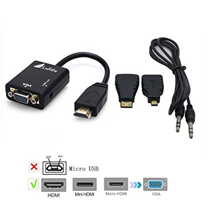 HDMI to VGA Adapter, Lidlife F0101 1080P Active HDMI Male to VGA Female 3 In 1 Mini HDMI TO HDMI Adapter Micro HDMI TO HDMI Adapter Converter Cable   Audio cable