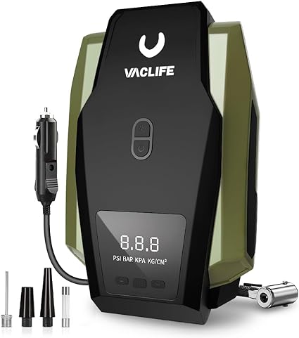 VacLife Tire Inflator Portable 12V DC Air Compressor for Car Tires (up to 50 PSI), Bikes (up to 150 PSI) w/LED Light, Digital Pressure Gauge, Model: ATJ-1166, Dark Green