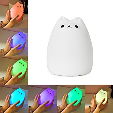 Night Lights for Kids, LUNSY Multicolor Silicone Soft Kitty Nursery Lamp, White & 7-Color Breathing 2 Light Modes, 12H Portable Use.