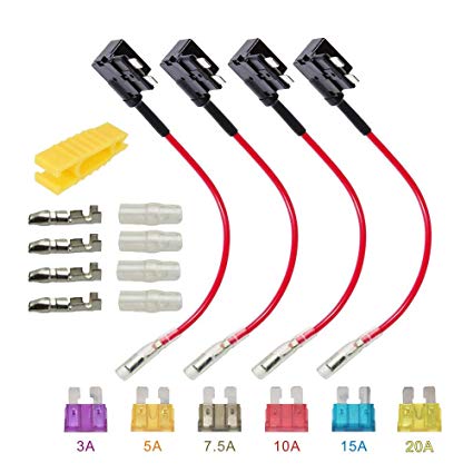ARTGEAR 12V 24V Standard Add-a-Circuit Fuse Tap, ACU Medium Piggy Back Blade Fuse Holder with Wire Harness, 6 pcs Standard Fuse (3A 5A 7.5A 10A 15A 20A) and Fuse Puller (Pack of 4)