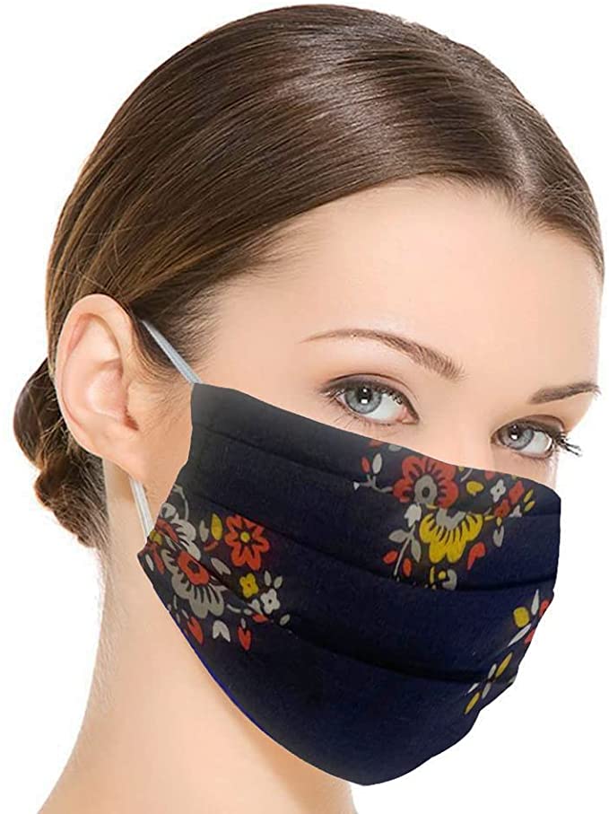3 Layers Cotton Face Mask Washable and Reusable Facial Skin Mouth Nose Shield Breathable Anti Smoke Pollution Bike Motorcycle Sport Dust Masks (Navy Printed)