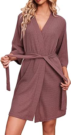 Ekouaer Women Waffle Knit Robes Soft Lightweight Bathrobe Knee Length Loungewear S-XXL