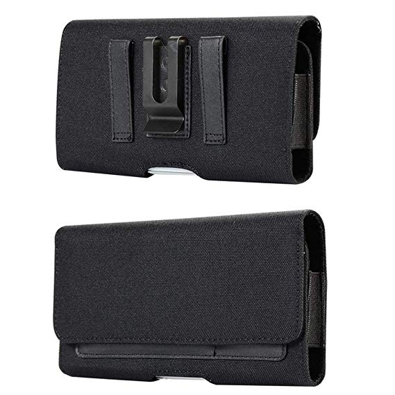 Rugged Horizontal Nylon Cell Phone Belt Clip Case Holster Pouch with Card Slots & Belt Loops for iPhone 11 Pro, XS, X, Samsung Galaxy S10e, S7, S6, J2, J3, J3 Orbit, LG Rebel 4, Google Pixel 3