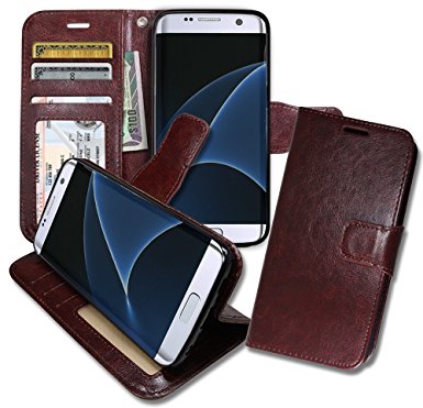 S7 Edge [ Wallet ] Case, Samsung S 7 Edge Soft Leather Flip Cover with [ Foldable Stand ] Pockets for ID, Credit Cards, Kickstand Features (Brown)