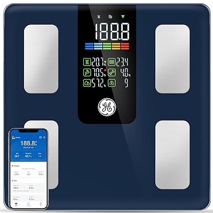 GE Scale for Body Weight Smart: Digital Bathroom Body Fat Scales for BMI Muscle Bluetooth Body Composition Monitor 11.8" Large Platform Accurate Weighing Machine Health Analyzer with App 500lbs