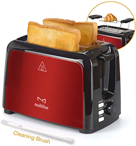 2 Slice Toaster, Multifun Stainless Steel Toaster with Warm Rack, Removable Crumb Tray, 7 Bread Shade Settings, Reheat/Cancel/Defrost Function, Extra Wilde Slot for Bagels, Waffle UL Certified -Red