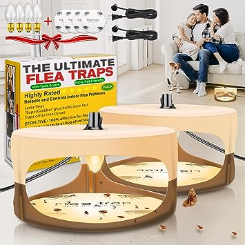 Flea Trap, Sticky Bed Bug Flea Traps Indoor Pest Control Trapper Insect Killer with 4 Glue Discs and Light Bulbs, Flea Traps for Inside Your Home with Light