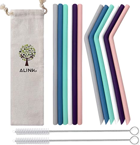 ALINK Reusable Silicone Straws Set of 12 Drinking Straws 9 Inch Long for 20oz 30oz Tumblers Coffee Tea- Extra long Flexible Straws - Bpa-free - No Rubber Tast(6 Bent   6 Straight 2 Cleaning Brushes 1 Cloth case)